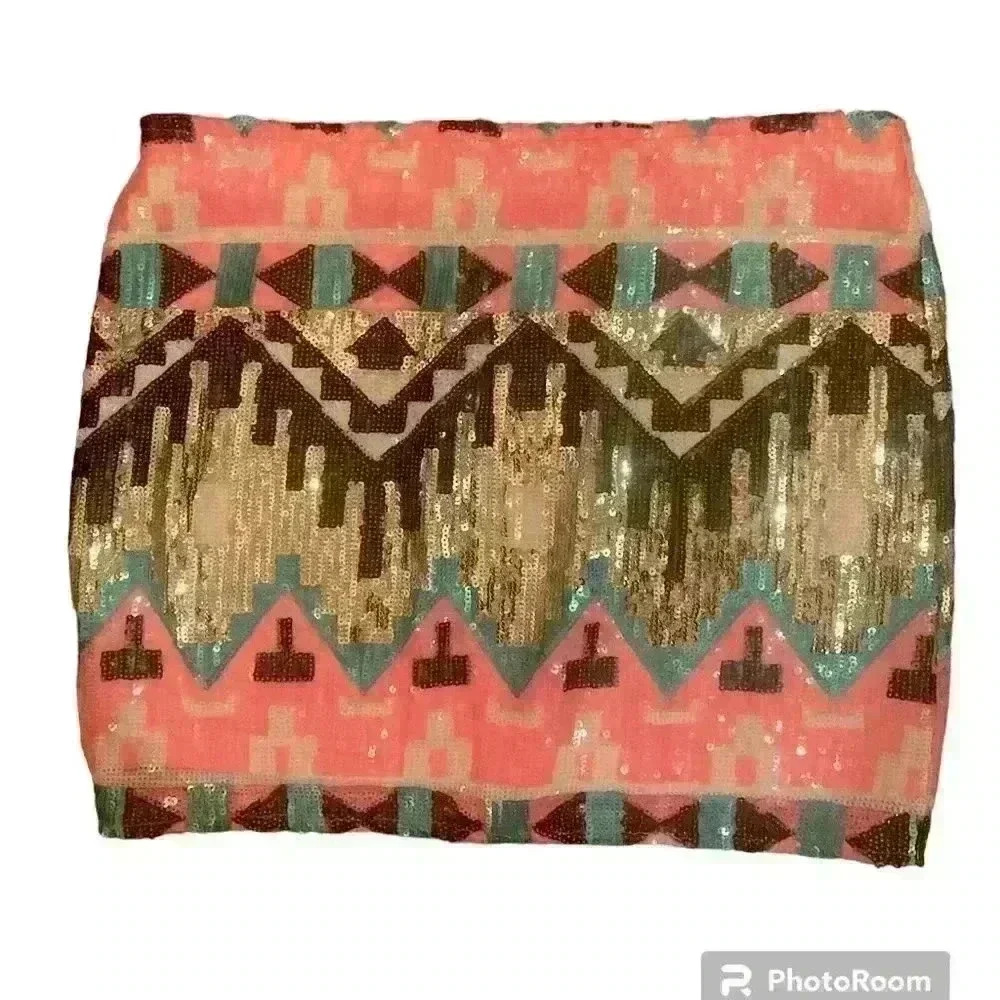 english rose Coral Pink Sequin Tribal Mini Skirt